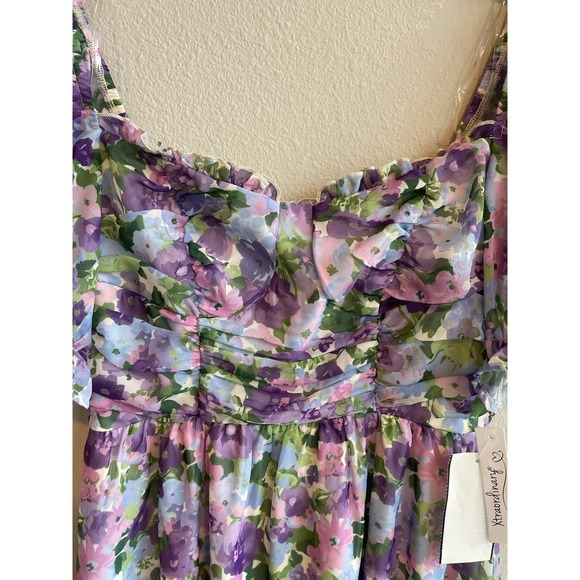 NWT Floral Print Puff Sleeve Tie Back Fit-And-Flare Dress Size XS Purple Blue - Picture 5 of 8